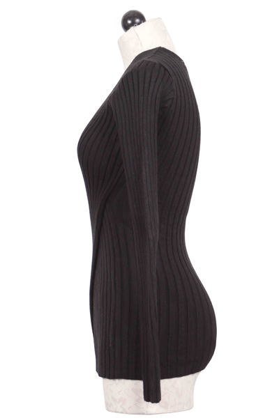 side view of black Ribbed Wrap Sweater by Patrizia Luca
