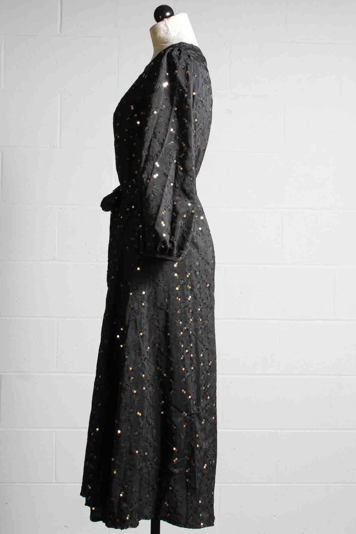 side view of Black with Gold Sequins Willow Dress by Traffic People with a Belt option
