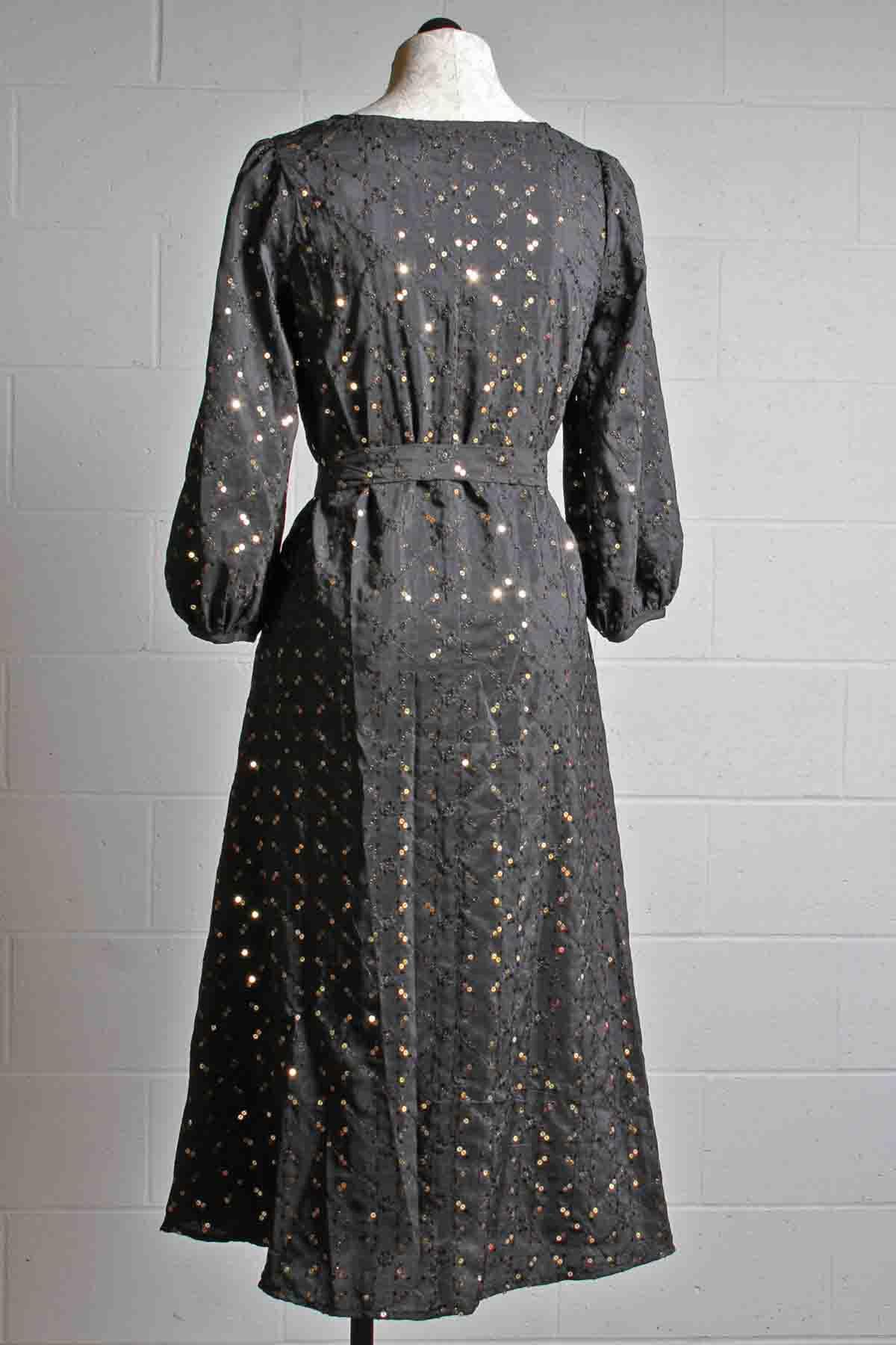 back view of Black with Gold Sequins Willow Dress by Traffic People with a Belt option
