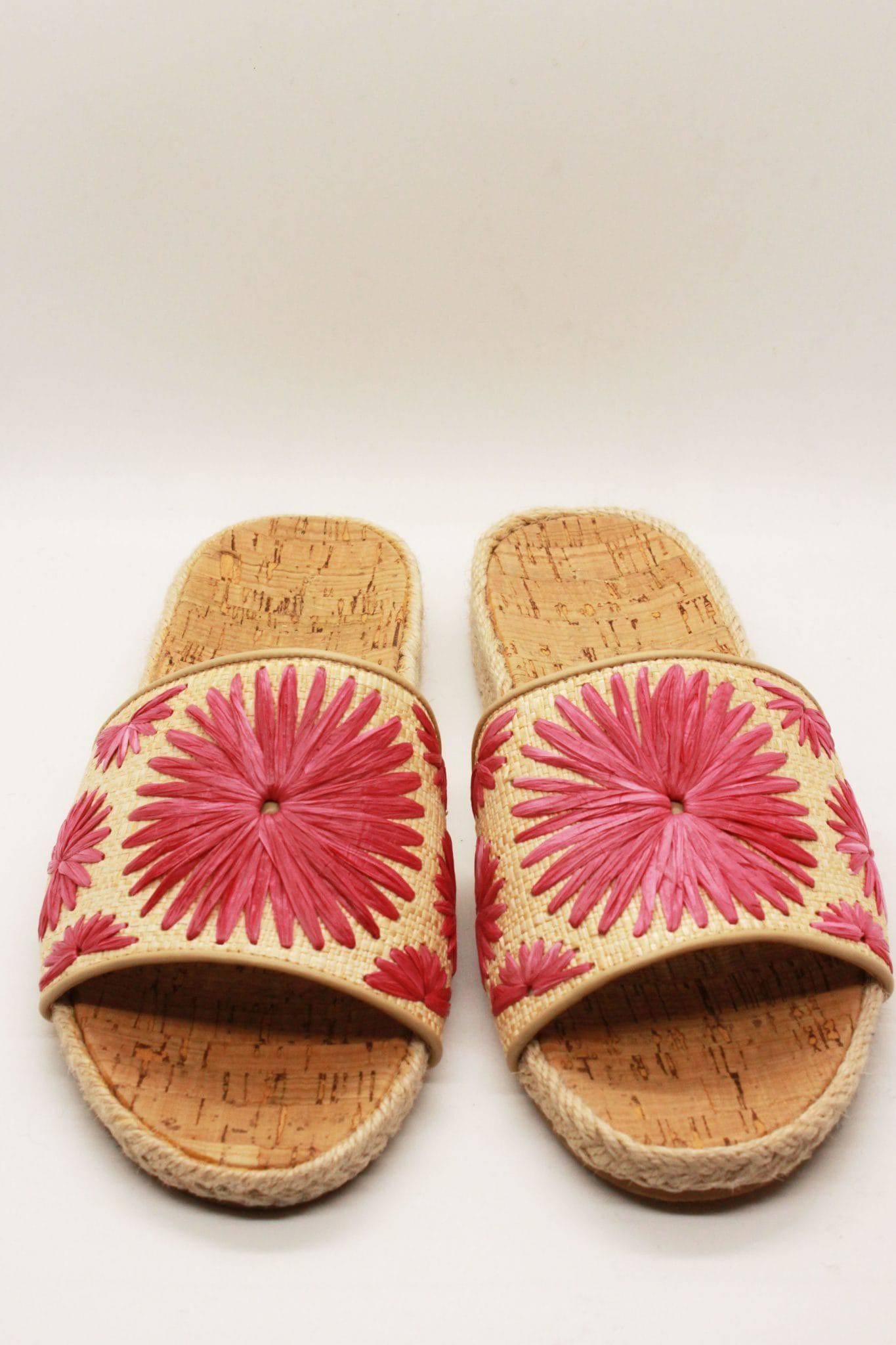  braided jute cork sole slides by Jack Rogers with pink hand woven rondelle flowers.