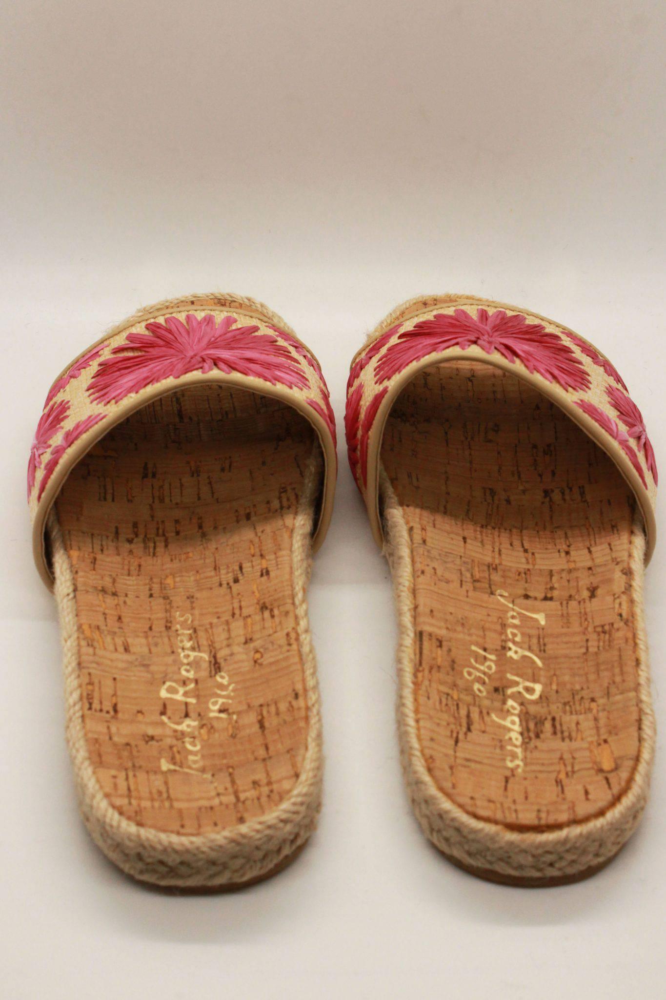 back view of braided jute cork sole slides by Jack Rogers with pink hand woven rondelle flowers