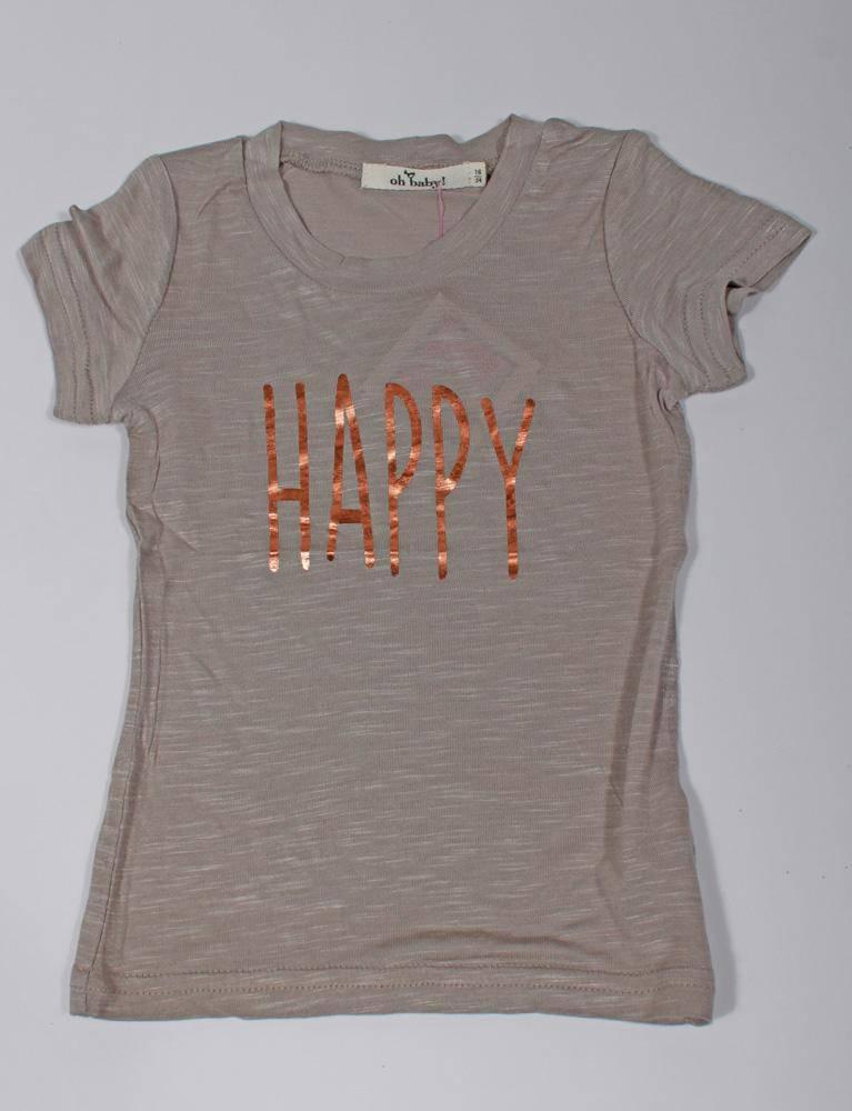 grey, short sleeved, T-shirt says "Happy" on the front in shiny rose gold lettering