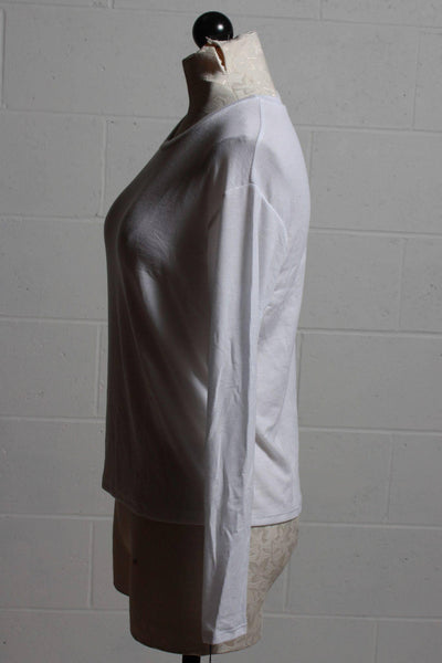 side view of white long sleeve tee shirt in our "Favorite" Featherweight Ribbed fabric