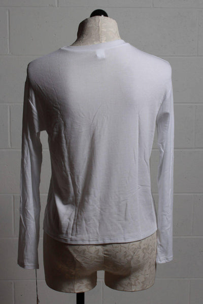 Back view of white long sleeve tee shirt in our "Favorite" Featherweight Ribbed fabric