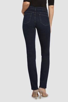 back view of Straight leg mid rise jean with a dark wash