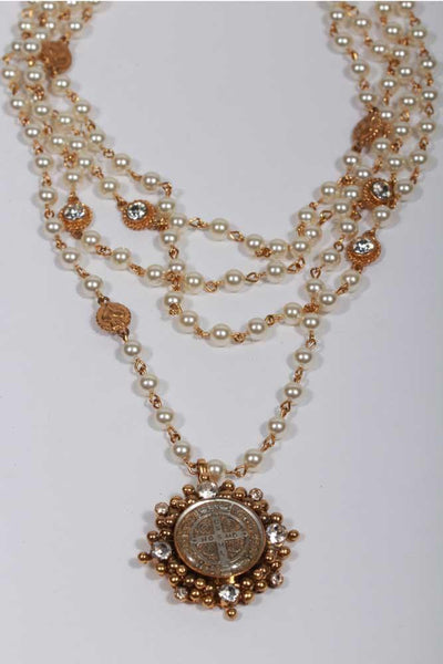 San Benito Medallion Magdelina Necklace with 6mm Cream Pearls and 4 clear crystals around the medallion. 24K Gold